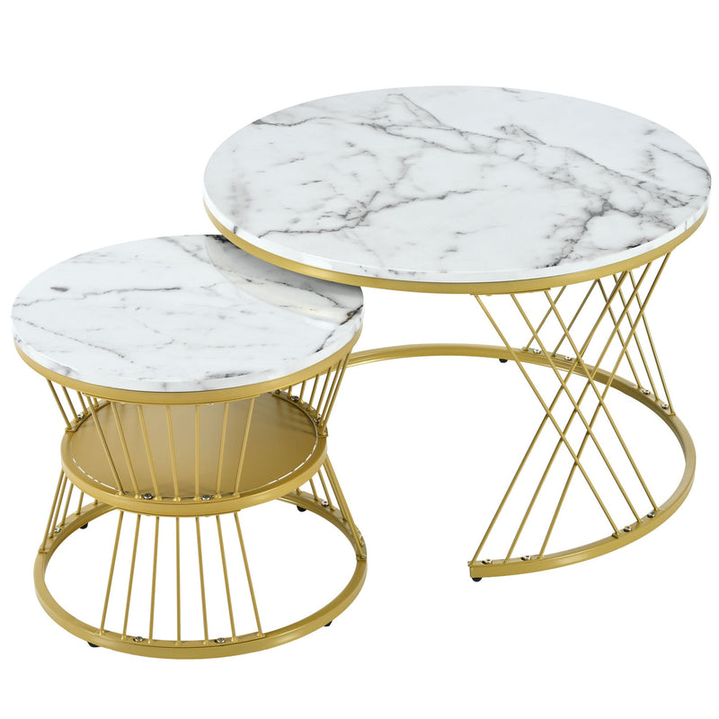 27.5" & 17.7" Nesting Coffee Table with Marble Grain Table Top, Golden Iron Frame Round Coffee Table, Set of 2, for Living Room, Balcony, White