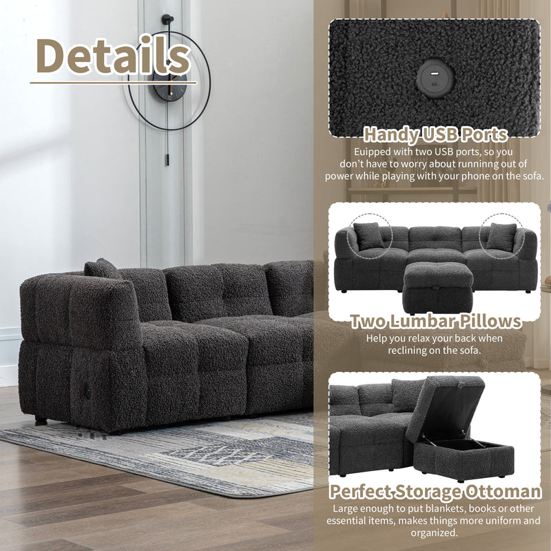 87.7" Sectional Sofa Cozy Teddy Fleece Fabric Sectional Sofa Couch with Two USB Ports a Movable Storage Ottoman and Two Lumbar Pillows for Living Room, Gray