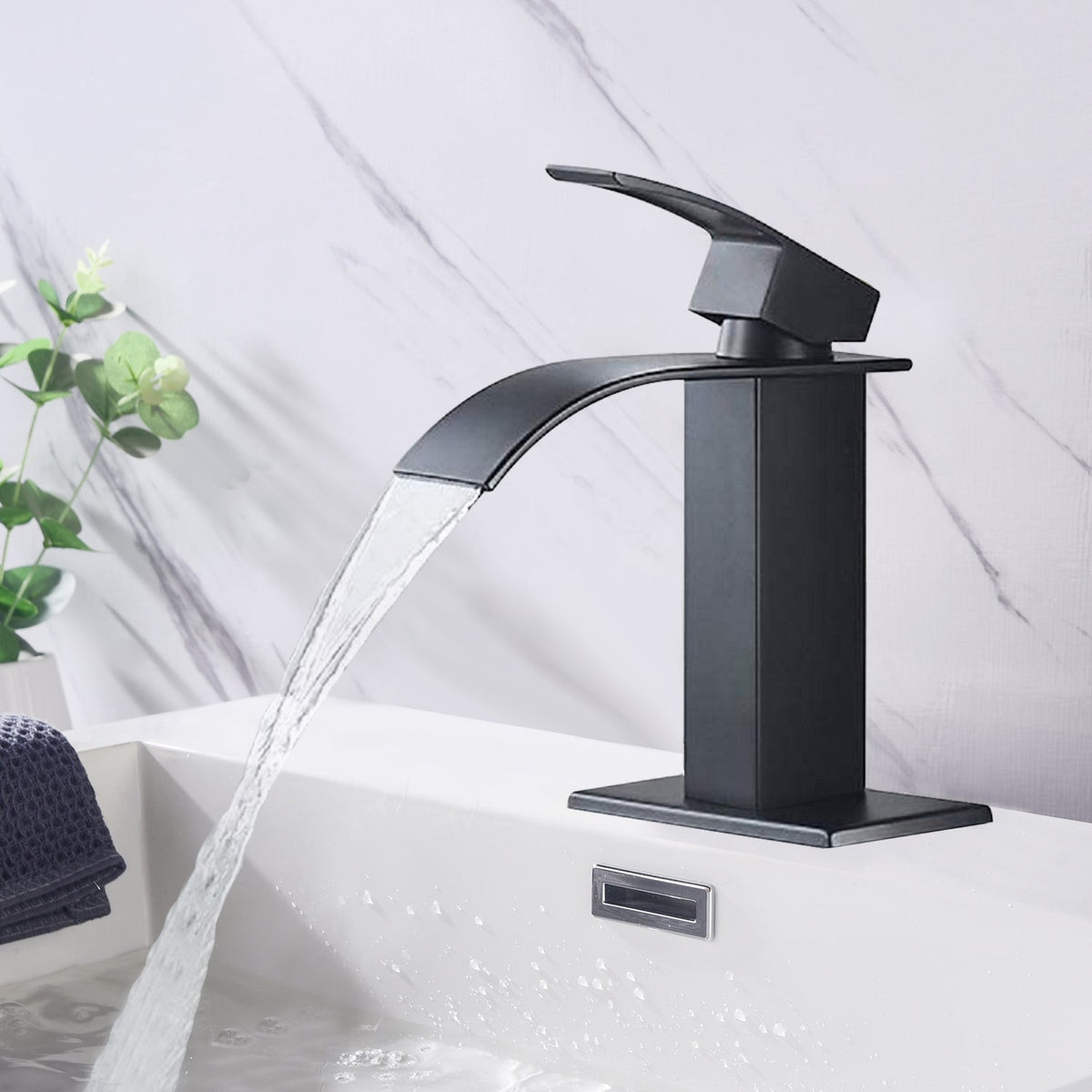 Waterfall Spout Bathroom Sink Single Handle Faucet with Pop-Up Drain, photo 8 of 10