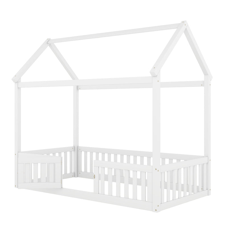 Walker Edison | Twin Size Wood House Bed with Fence and Door, White