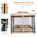 3-Seat Patio Swing Chair, Outdoor Gazebo Swing with Double Tier Canopy, Mesh Sidewalls, Cushioned Seat and Pillows, Beige