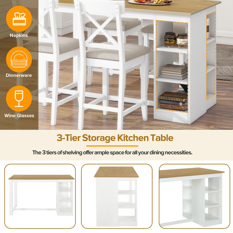 60"Lx30"W Solid Wood Farmhouse Counter Height Dining Table Set with 3-Tier Storage Shelves, Upholstered Dining Chairs for 4, 5-Piece, White