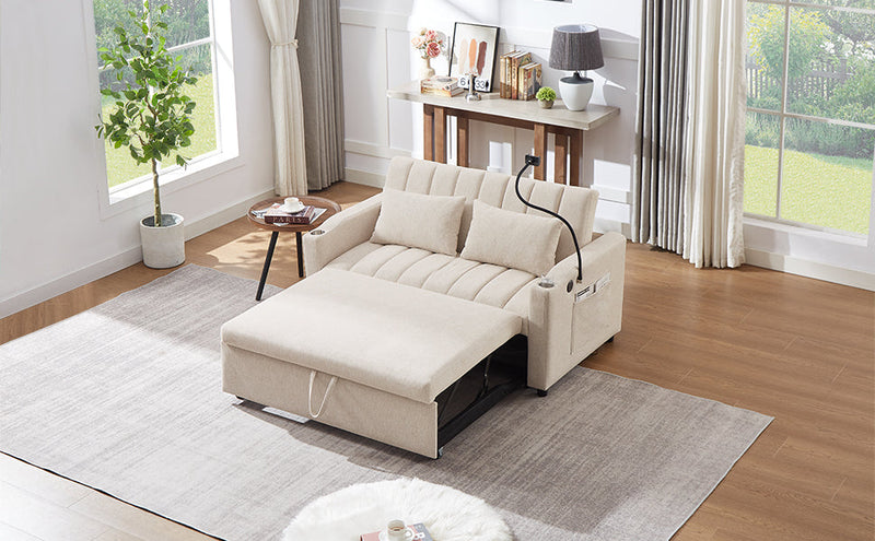 55.9" Convertible Sofa Bed Loveseat Sofa with Three USB Ports, Two Side Pockets, Two Cup Holders and 360Swivel Phone Holder for Living Room, Beige