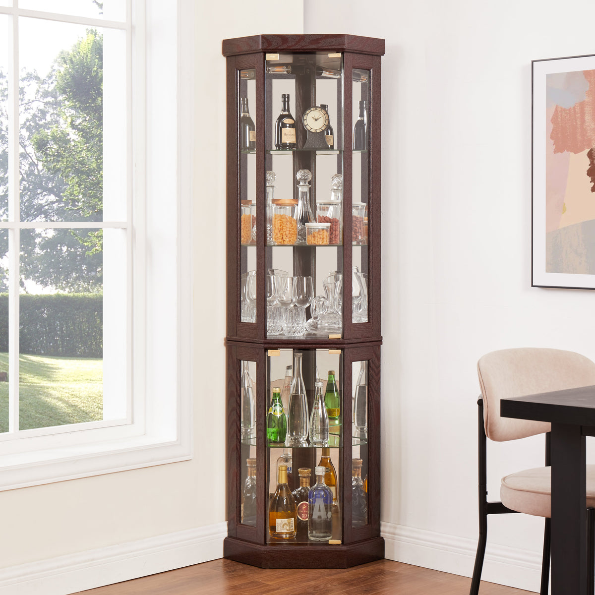 Corner Glass Cabinet Lighted Curio Cabinet in Dark Cherry, photo 4 of 9