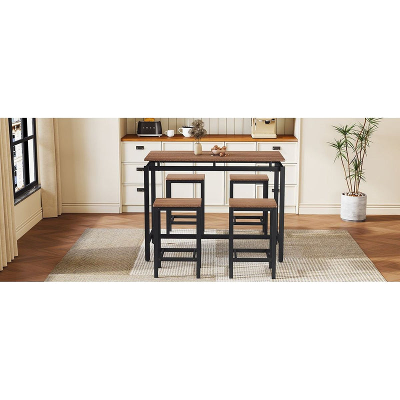 5-Piece Compact Bar Table Set with Table and Stools - Modern Industrial Design, Space-Saving Furniture for Dining Room and Breakfast Nook (Dark Brown)
