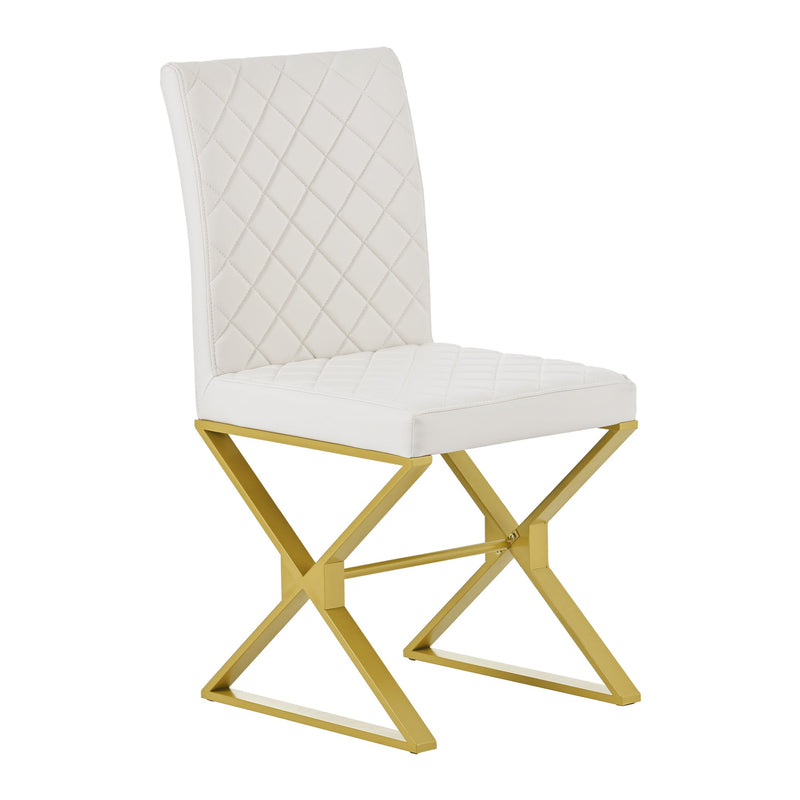 7-Piece Modern Dining Table Set, Rectangular Marble Texture Kitchen Table and 6 PU leather Chairs with X-Shaped Gold Steel Pipe Legs for Dining Room (White)