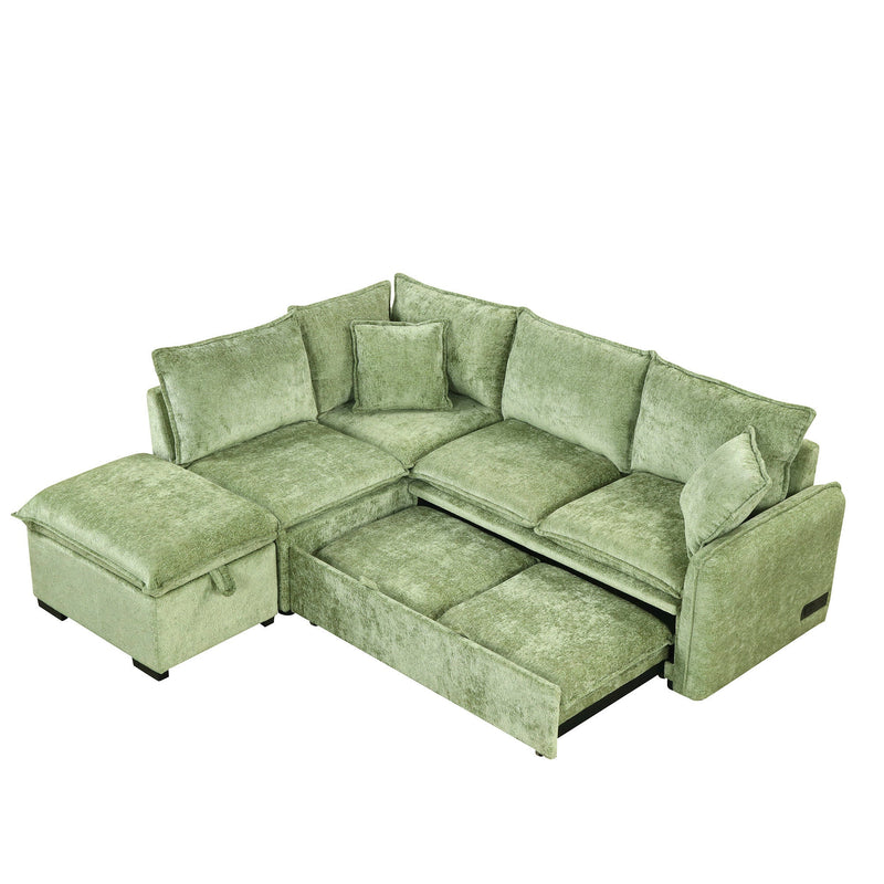 82.67"Convertible Sofa Bed Sectional Sofa Sleeper L-shaped Sofa with a Storage Ottoman,Two Pillows, Two Power Sockets and Two USB Ports for Living Room, Green