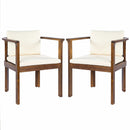 Outdoor Dining Chair Set of 2 with Curved Acacia Wood Arms, Brown Finish and Cream Cushions by HouseOfZazla