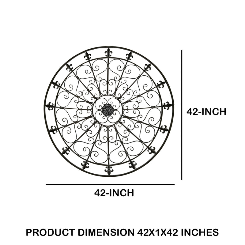42 Inch Round Medallion Wall Mount Metal Accent Decor, Handmade Circle Design, Antique Black