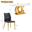 A modern minimalist rectangular dining table suitable for 6-8 people, a set of 6-piece PU leather backrest and gold metal legs modern dining chairs. F-OC