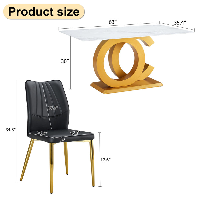 A modern minimalist rectangular dining table suitable for 6-8 people, a set of 6-piece PU leather backrest and gold metal legs modern dining chairs. F-OC