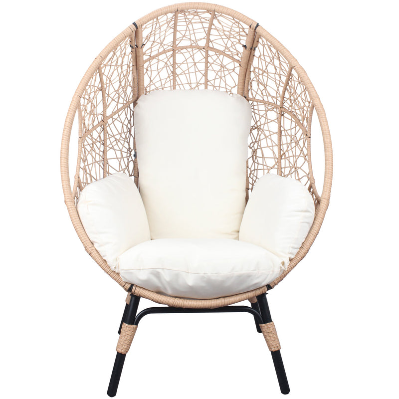 2 Pieces Patio PE Wicker Egg Chairs Model 3 with Natural Color Rattan Beige Cushion