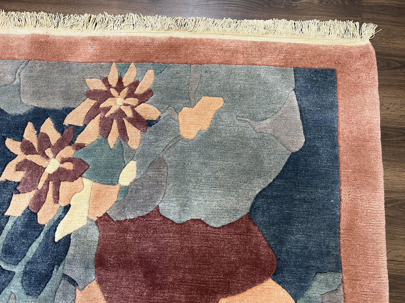 Modern Tibetan Rug 5.7 x 7.9, Abstract Multicolor Flower Pattern, Navy Blue Maroon Salmon, Soft Wool, Hand Knotted Contemporary Carpet 6x8