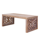 Rustic Carved Wood Coffee Table, Handcrafted Look With Ornate Side Panels