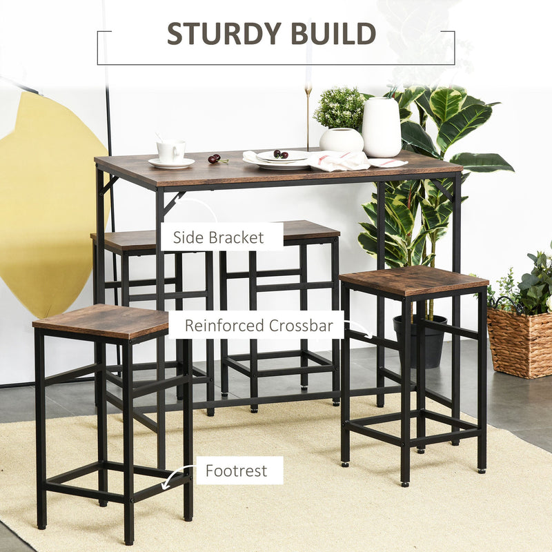 5-Piece Industrial Dining Table Set, Bar Table & 4 Stools Set, Space Saving for Pub & Kitchen, Black/Brown