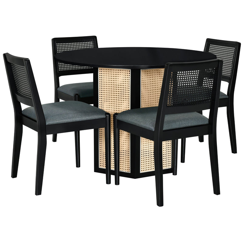 5-Piece Rattan Round Dining Table Set, Wood Table with Hexagonal Base and Upholstered Chairs for Dining Room, Kitchen,Indoor Use, Black+Gray