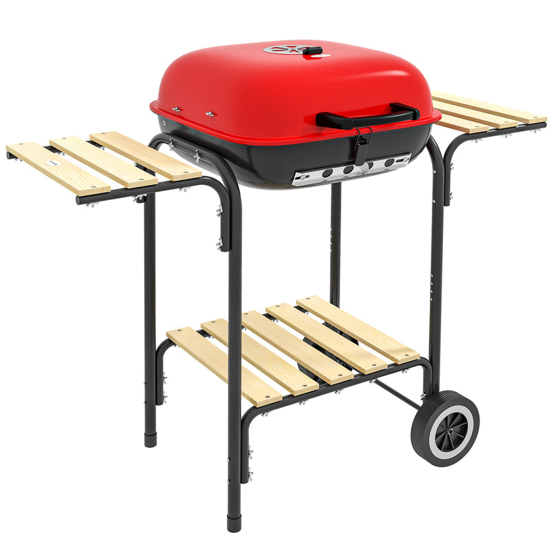 17" Portable Charcoal Grill with Wheels, 2 Side Tables and Bottom Shelf, BBQ with Adjustable Vents on Lid for Picnic, Camping, Backyard, Cooking, Red