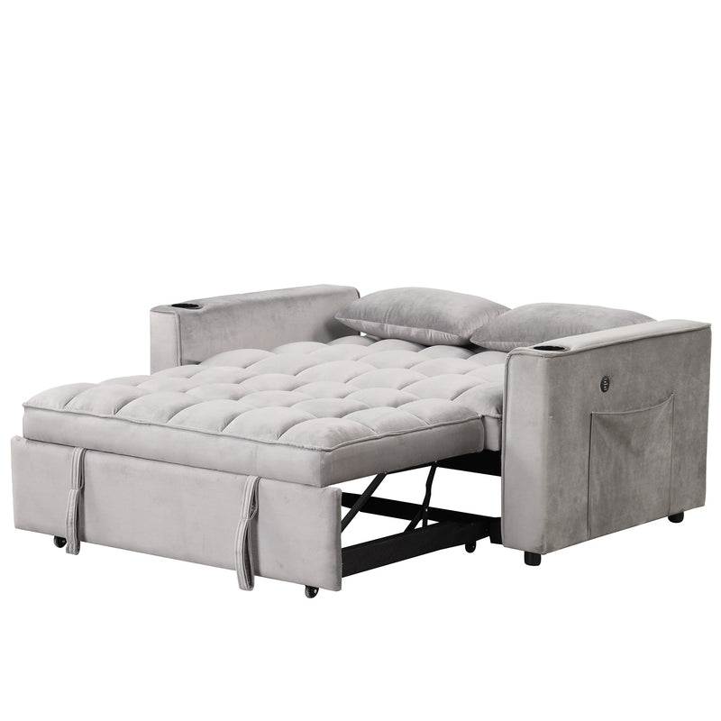 55.3" 4-1 Multi-functional Sofa Bed with Cup Holder and USB Port for Living Room or Apartments, Gray