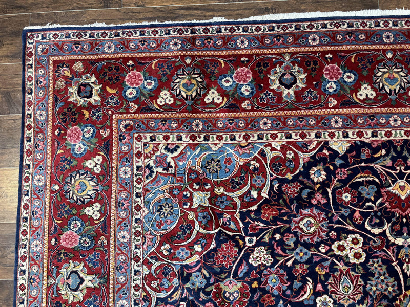Navy Blue Persian Rug 9x12, Antique Persian Carpet, Kork Wool, 200 KPSI, Persian Kashan Rug
