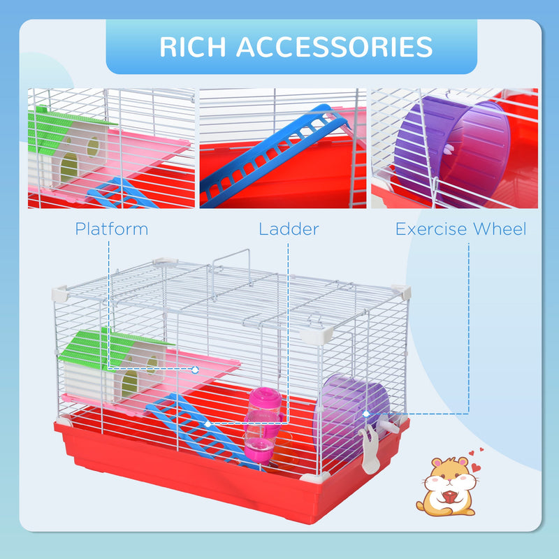 18.5" Hamster Cage with Exercise Wheel and Water Bottle, Dish, Rat House and Habitat 2-Story Design, Red