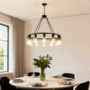 12-Light Black Wagon Wheel Chandelier, 31.5" Modern Farmhouse Glass Pendant