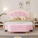 2-Pieces Bedroom Sets Full Size Flower-Shaped Upholstered LED Platform Bed with Storage Ottoman-Sherpa Fabric, Pink