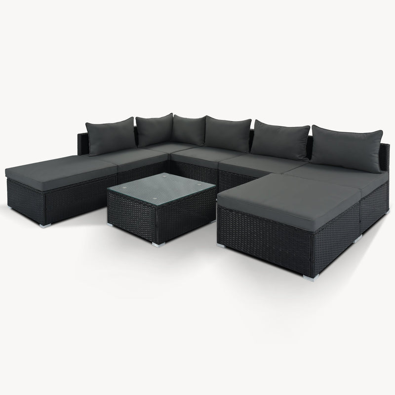 8-Pieces Outdoor Patio Furniture Sets, Garden Conversation Wicker Sofa Set, Single Sofa Combinable, Gray Cushions Black Wicker