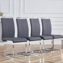 A simple dining table. A dining table with a white marble pattern. 4 PU synthetic leather high backrest cushioned side chairs with C-shaped silver metal legs. DT-SQ-16090-wh