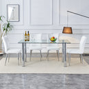 A modern minimalist style glass dining table. Transparent tempered glass tabletop with a thickness of 0.3 feet and silver metal legs. Suitable for restaurants and living rooms. 63 "x 35.4" x 30"