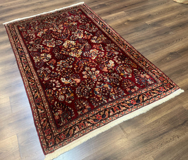Antique Persian Sarouk Rug 4x6, Floral, Red, Wool Hand Knotted Fine 225 KPSI