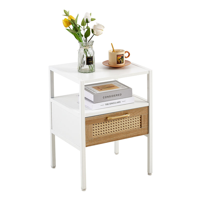 15.75" Rattan End table with drawer, Modern nightstand, metal legs,side table for living room, bedroom,white(1 pc)