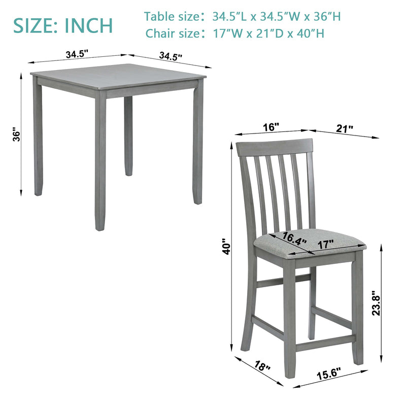 5 Piece Dining Table Set, Wooden Dining Square Table Set for 4, Counter Height Kitchen Table Set with Square Table and 4 Upholstered Chairs for Small Space, Gray