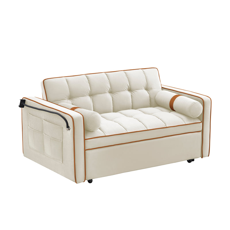 Sleeper Sofa Couch w/Pull Out Bed, 55" Modern Velvet Convertible Sleeper Sofa Bed, Small Love seat Sofa Bed w/Pillows & Side Pockets for Small Space, Living Room, Apartment,Beige