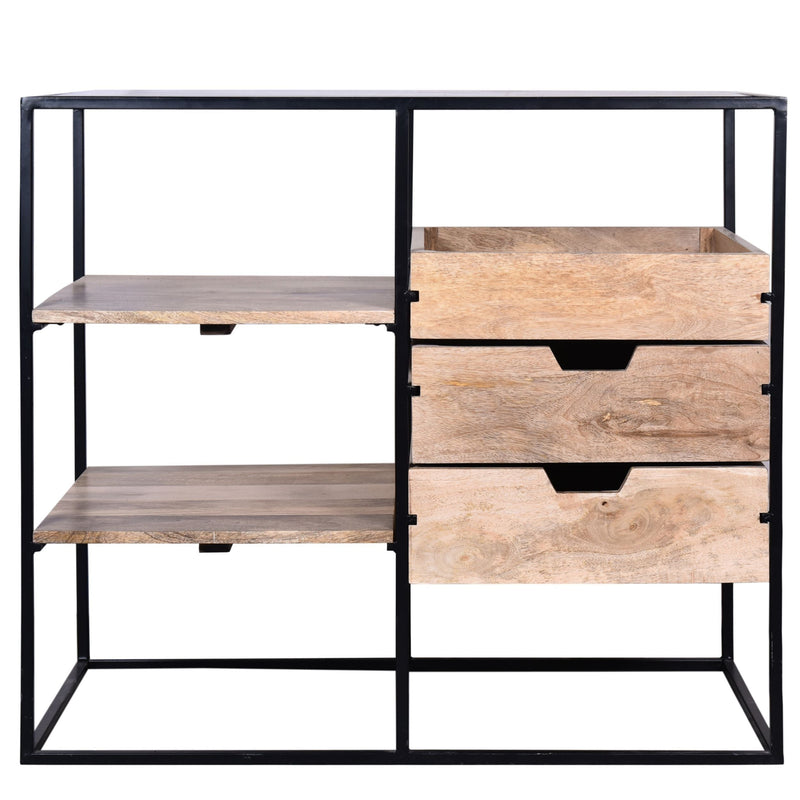 35 Inch Handcrafted Modern Glass Table, Storage Shelves, 3 Drawers, Metal Frame, Natural Brown and Black