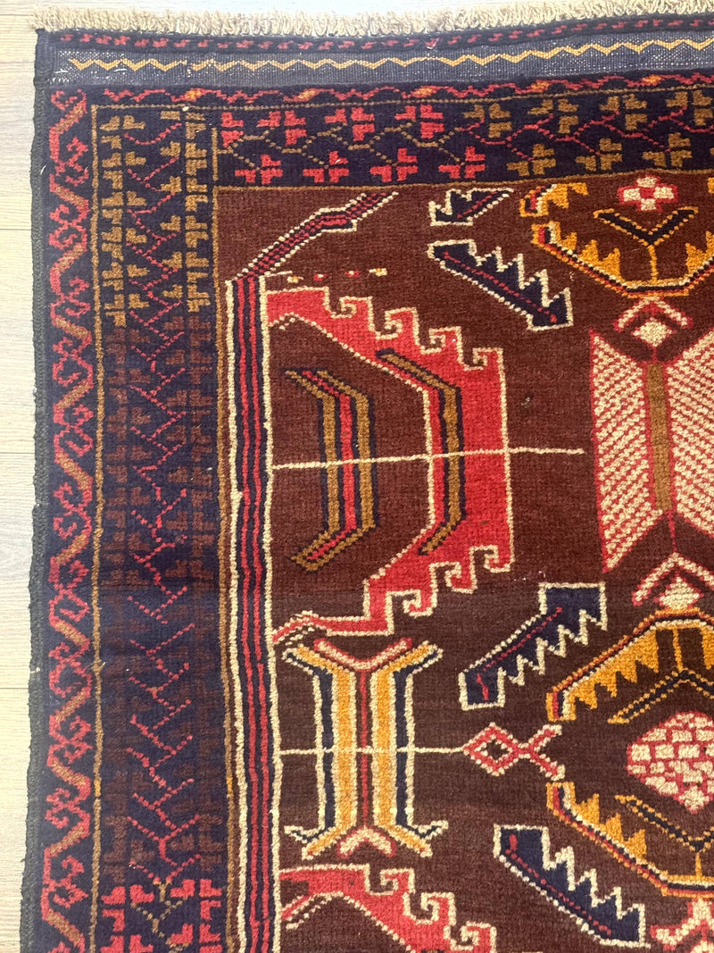 Afghan Rug 3x7, Maroon and Navy Blue, Balouch Carpet, Tribal Rug, New