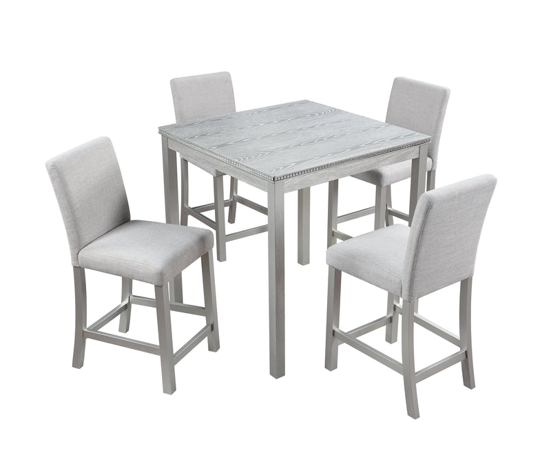 5 Piece Counter Height Table Set, Wooden Kitchen Table Set with Square Table and 4 Upholstered Chairs, Counter Height Dining Table with Crystal Decoration and Chair Set for Kitchen, Dining Room,Gray