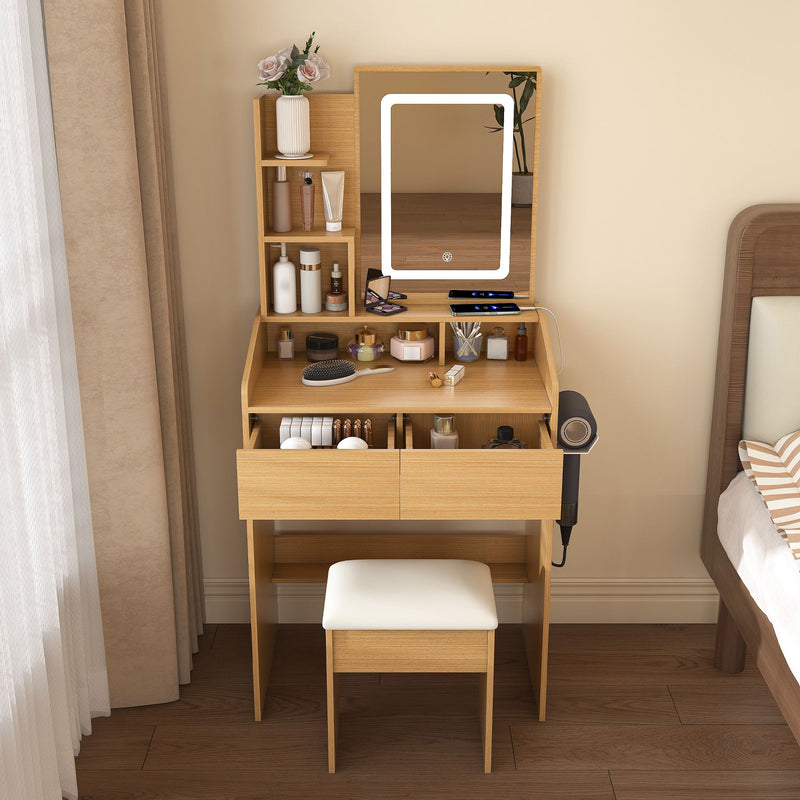 Vanity Table With LED Mirror, Power Outlet, Hairdryer Holder & Padded Stool, Compact Dressing Desk For Small Bedrooms - Wood, photo 7 of 7