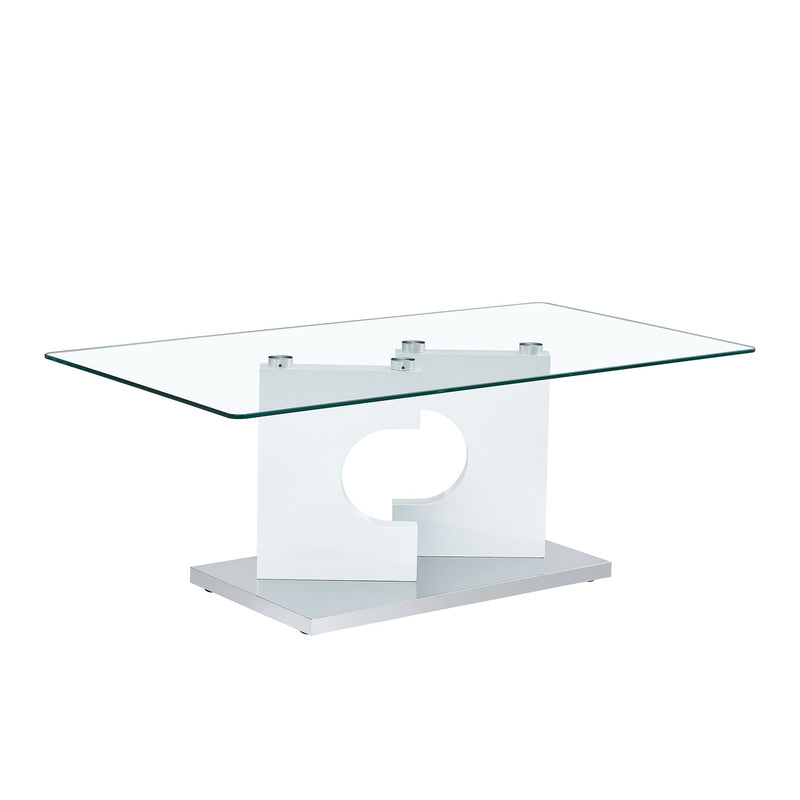 A rectangular modern and fashionable coffee table with tempered glass tabletop and white MDF legs. Suitable for living room.47.2"x25.5"x18"