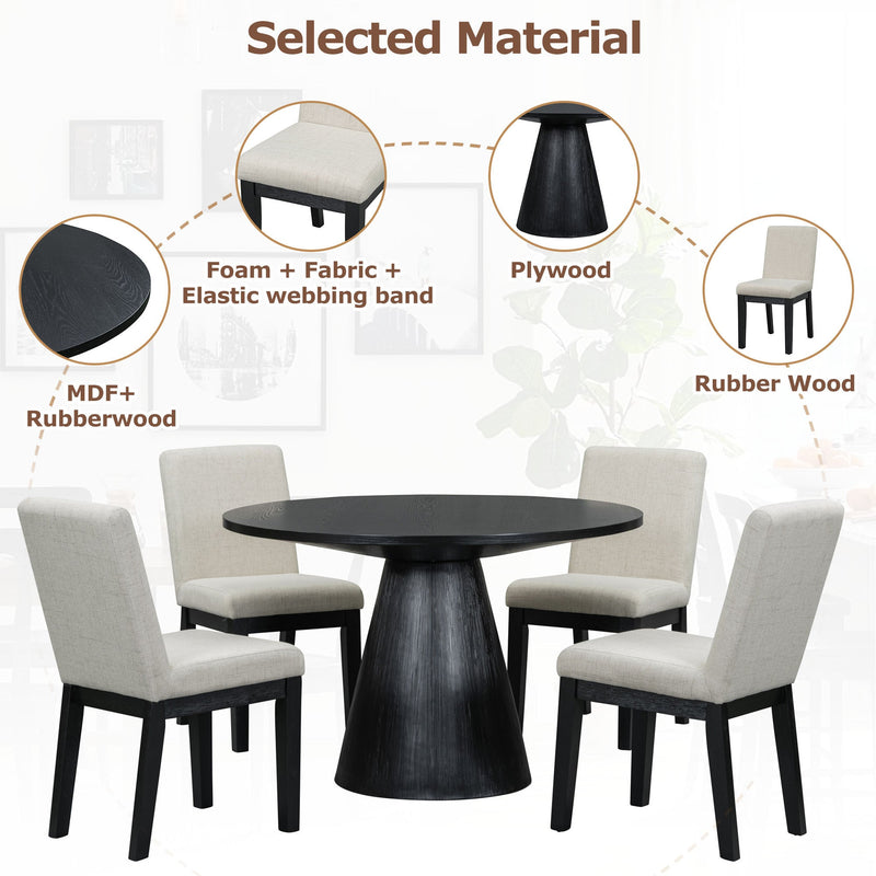 5-piece Dining Set Retro Round Table with 4 Upholstered Chairs for Living Room, Dining Room (Black)