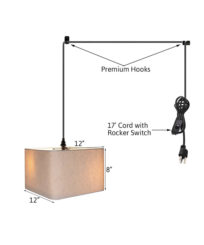 2 Light Swag Plug-In Pendant 12"w Rounded Corner Square Oatmeal Drum Shade with Diffuser, Black Cord