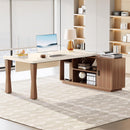 L-Shaped Executive Desk With Storage Cabinet, Home Office Workstation With Shelves - White / Walnut by HouseOfZazla