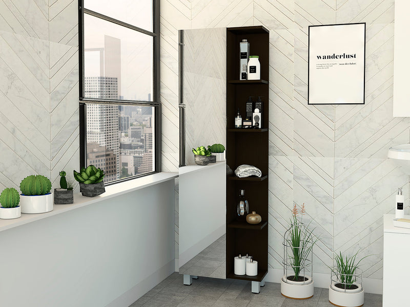 Urano Mirror Linen Cabinet, Four Interior Shelves, Five External Shelves -Black