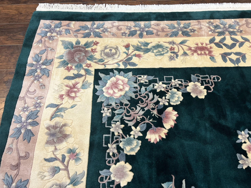 Chinese Art Deco Rug 9x12, Wool Hand Knotted Vintage Carpet, Dark Green & Cream, 90 Line Carving Rug