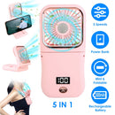 5 In 1 Folding Mini Fan Hands-free Rechargeable Neck Fan Handheld Fan with 3 Speeds Power Bank Phone Holder Neck Strap for Home Office Travel Dormitor
