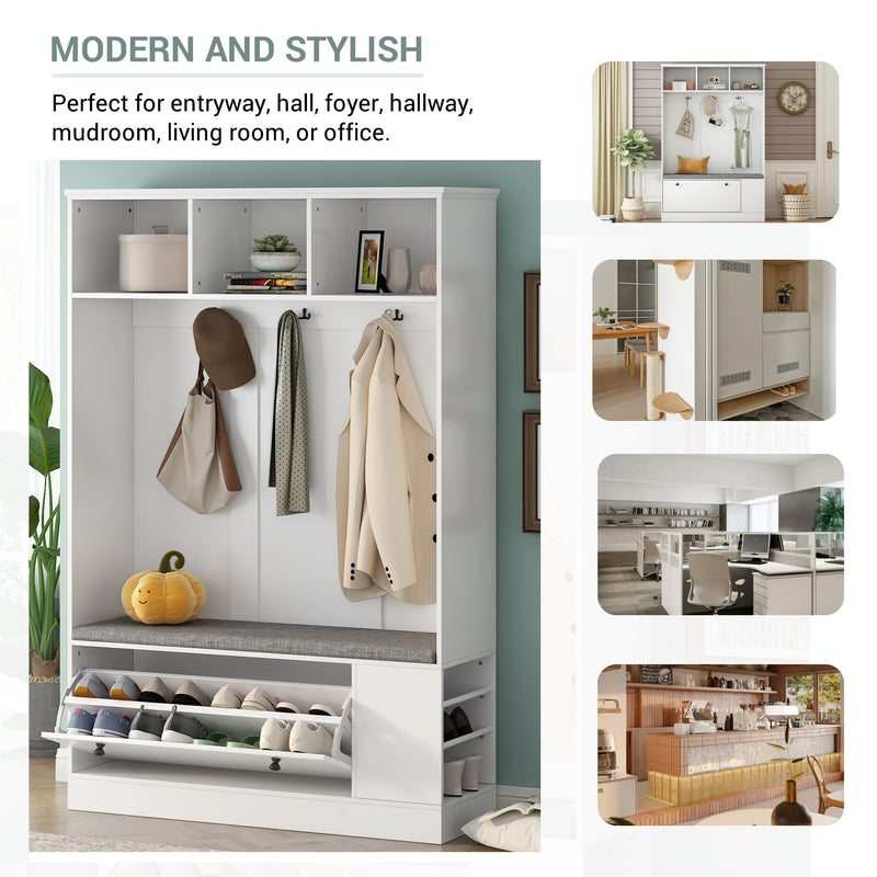 5-in-1 Entryway Bench with Coat Rack, Cushion and 3 Sturdy Hooks, 47.2" Wide Hall Tree with Shoe Storage Bench for Hallway, Entryway, Living Room