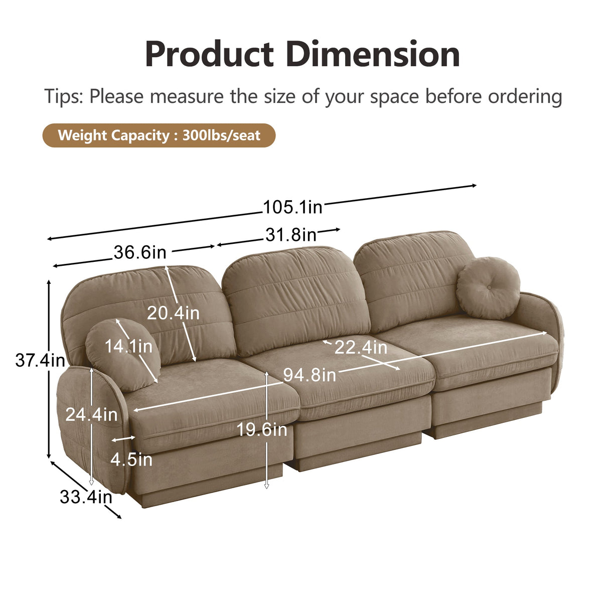 105" Chenille Cloud 3-Seater Sofa, photo 4 of 10
