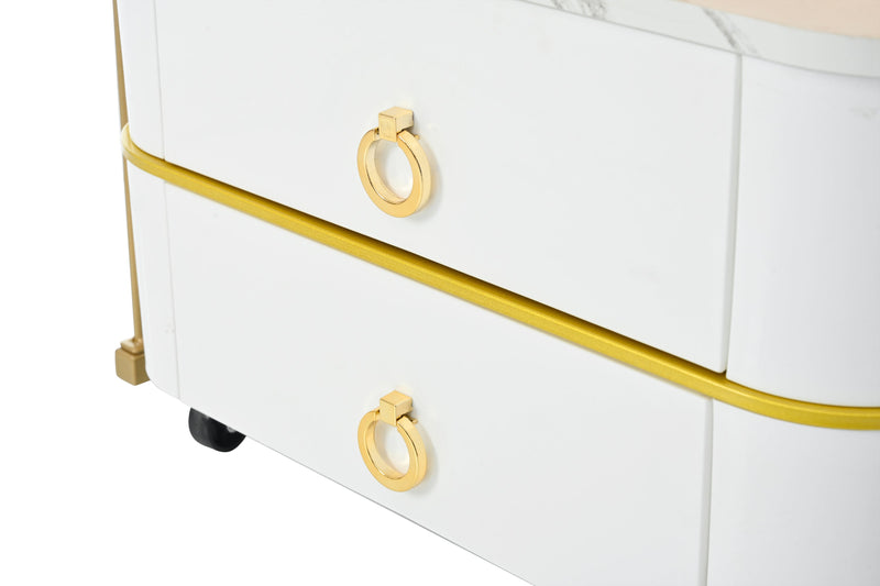 2-in-1 Square Nesting Coffee Table with Wheels & Drawers, Stackable Side Table with High Gloss Marble Grain Top, End Table Set with Brown Tempered Glass for Living Room, White