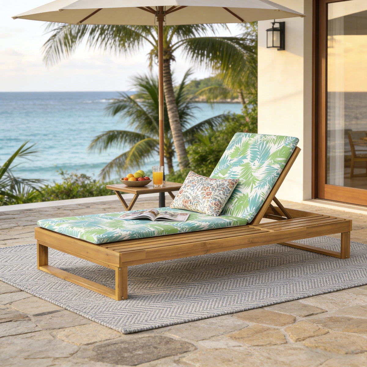 Teak Finish Acacia Wood Chaise Lounge with Leaf Coconut Cushion, photo 9 of 10