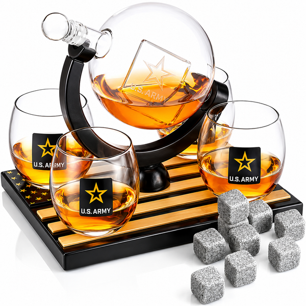 Army Globe Whiskey Decanter Set & 4 Liquor Glasses
