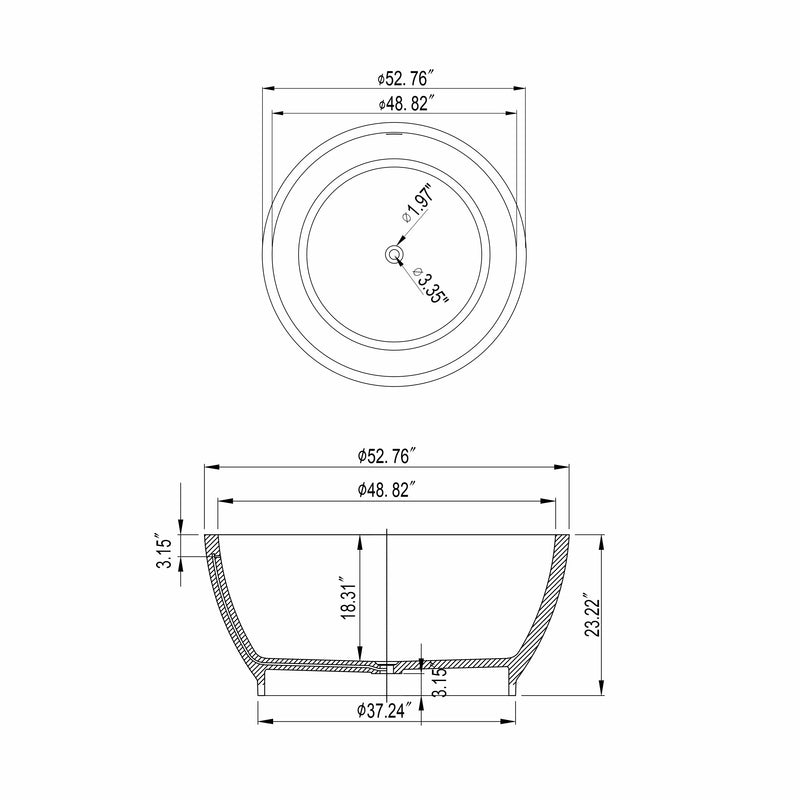 52.7 Inch Round Freestanding Solid Surface Soaking Bathtub, photo 9 of 9